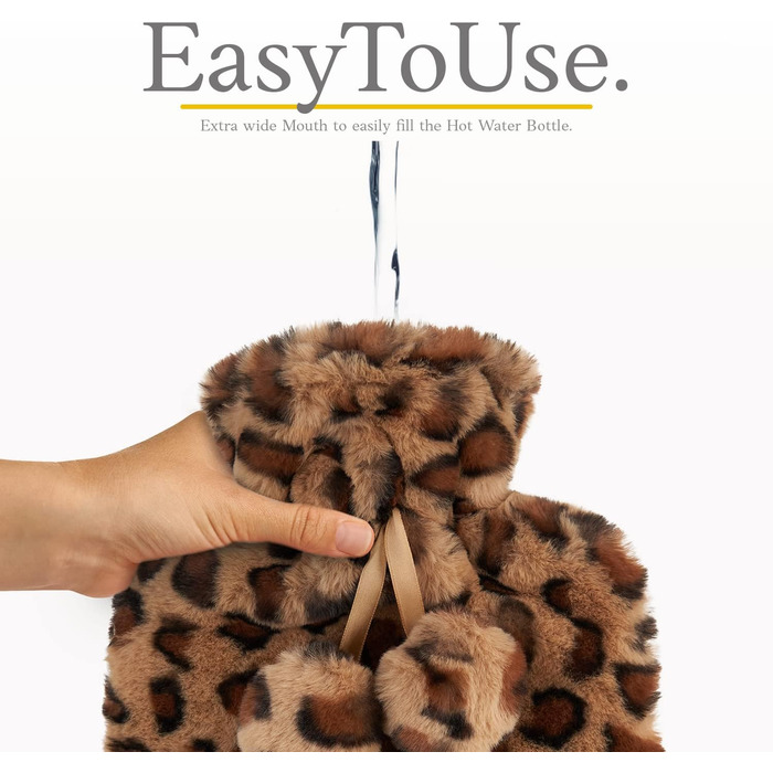 Грілка Qomfor з пухнастим чохлом - М&39який преміальний чохол зі штучного хутра - Велика місткість 1,8 л - Грілка для затишних ночей, полегшення болю, для спини, шиї та плечей - Чудовий подарунок - Коричневий леопардовий принт