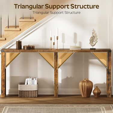 Консольний столик, довгий вузький стіл для коридору, столик для передпокою, за диваном, промисловий дизайн, з металевими стійками, для вузьких приміщень, вхідна зона, коридор, вітальня, вінтажний коричневий XCT30BR