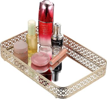 Піднос для парфумів ELLDOO, піднос із дзеркалом, піднос для макіяжу, різьблений піднос для ювелірних виробів, скло, метал, піднос для зберігання ювелірних виробів, органайзер для дому, золотий, середній розмір золото, срібло 30 x 20,1 x 5,1 см