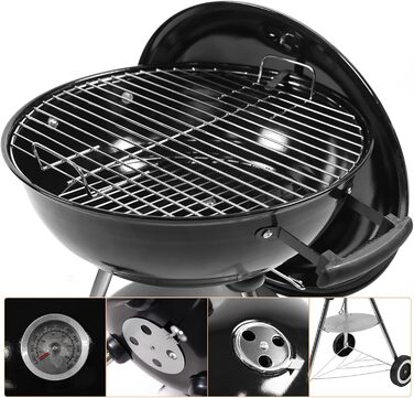 Портативний вугільний гриль з нержавіючої сталі для пікніка та кемпінгу. Малий гриль з кришкою, колесами та термометром. Розбірний гриль для саду, вечірок на відкритому повітрі. Розміри 47x49x80 см.