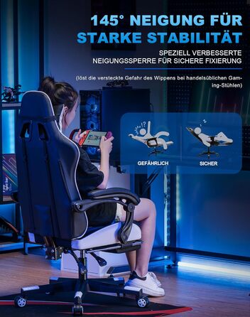 Ігрове крісло GTPLAYER, ергономічне офісне крісло з підставкою для ніг, регульованим поперековим відділом хребта та підголівником, м&39яке ігрове крісло, ігрове крісло вантажопідйомністю 150 кг, білий колір