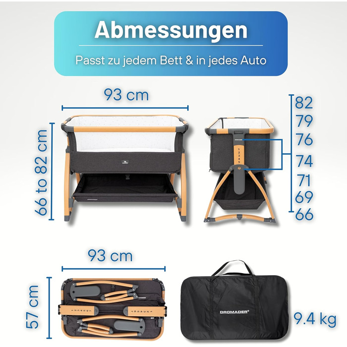 Дитяче ліжечко DROMADER 3-в-1 - Дитяче ліжечко, шезлонг, дорожнє ліжечко з матрацом, 0-6 місяців, макс. 9 кг - Колиска з 7 регулюваннями висоти, функція гойдання, дихаюча сітка - сумка для перенесення