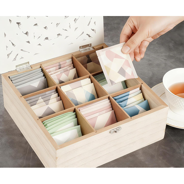 Чайні коробки для чайних пакетиків, дерев&39яна чайна скринька з 9 відділеннями, коробка для зберігання чайних пакетиків з кришкою з різьбленим квітковим орнаментом ручної роботи, біла