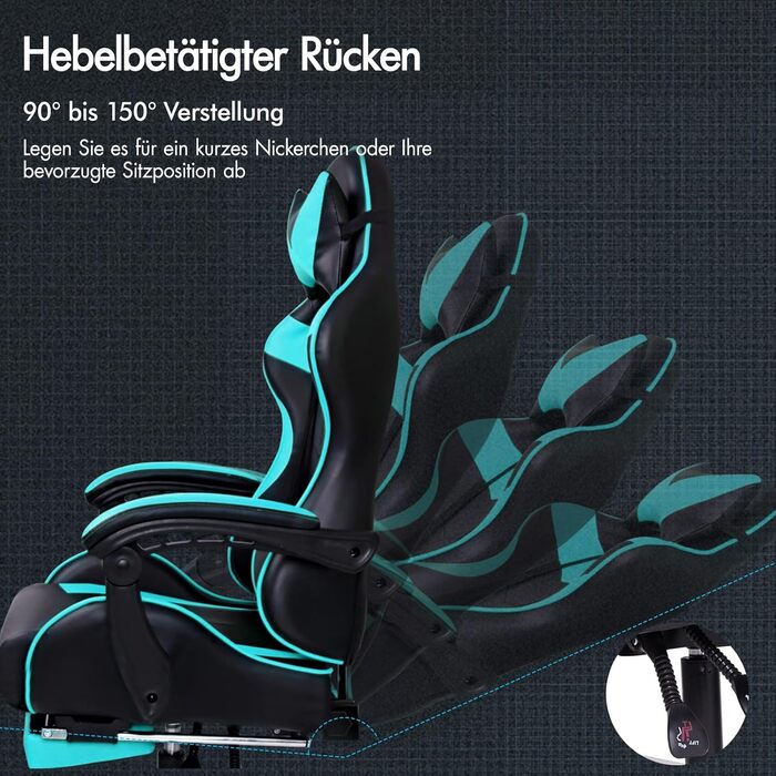 Ігрове масажне крісло ALFORDSON, нахил 150, ергономічне крісло керівника, шкіра синтетична з підставкою для ніг, регулювання висоти, спортивне крісло, вантажопідйомність 180 кг, блакитний Vogler - серія Cyan Vogler