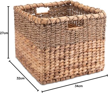 Плетений кошик для зберігання з водяного гіацинта та морської трави, прямокутний - квадратний кошик з полицями - Kallax/Expedit - Д 34 см, , натуральний