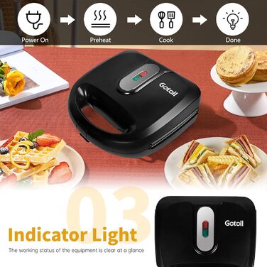 Сендвіч-машина Gotoll 3 в 1, Вафельниця Бутербродниця, гриль змінні тарілки, Бутербродниця, Знімні пластини з антипригарним покриттям, 750 Вт, Сервісний світлофор, Чорний