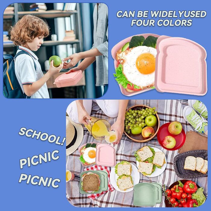 Набір з 4 контейнерів для сендвічів прямокутної форми, пластикові, для приготування, мікрохвильової печі та посудомийної машини, 12,5 x 12 x 3,5 см, рожевий, блакитний, зелений, бежевий