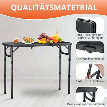 Складаний кемпінговий стіл FUNYKICH з 3 регульованими висотами (26/48/70 см), портативний алюмінієвий стіл для гриля, для вулиці 87x40 см, панелі МДФ, багатофункціональний стіл-валіза для пікніків, кемпінгу, балкону, чорний 87 x 40 x 26/48/70 см