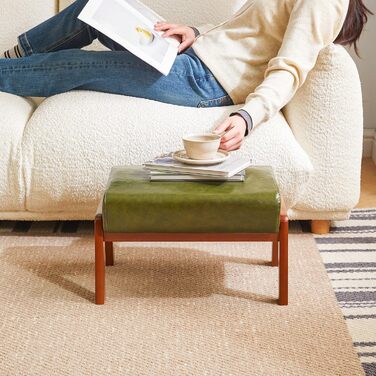 Невеликий пуф-табурет, прямокутний пуф-підставка зі штучної шкіри з м&39яким сидінням та дерев&39яними ніжками, сучасний низький пуф-підставка для вітальні/спальні, темно-зелений WBD013GR, 10.2H