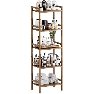Бамбукова полиця для ванної кімнати HITNET, 5-рівнева книжкова полиця, полиця для ванної кімнати, окремостояча вузька висока полиця з регульованими полицями, компактна полиця для зберігання речей для домашнього офісу, горіх