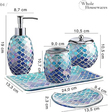 Набір скляних аксесуарів для ванної кімнати Whole Housewares Мозаїка, 5-PLG. - Дозатор для мила, туалетний столик, тримач для зубної щітки, піднос і мильниця - Скляне приладдя для ванної кімнати, синій - Набір приладдя для ванної кімнати 5 шт. синій