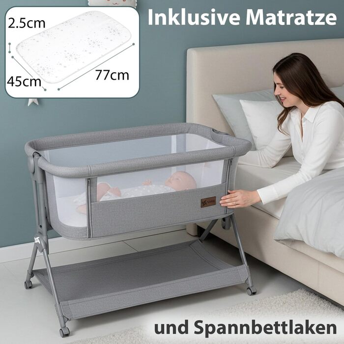 Приліжкове ліжечко Baby Comfortly з колесами Складане та регульоване по висоті (5 рівнів), дихаюче, підходить від 0 місяців до 9 кг, в комплекті матрац, простирадло та сумка не потрібно збирати (колір дерева)