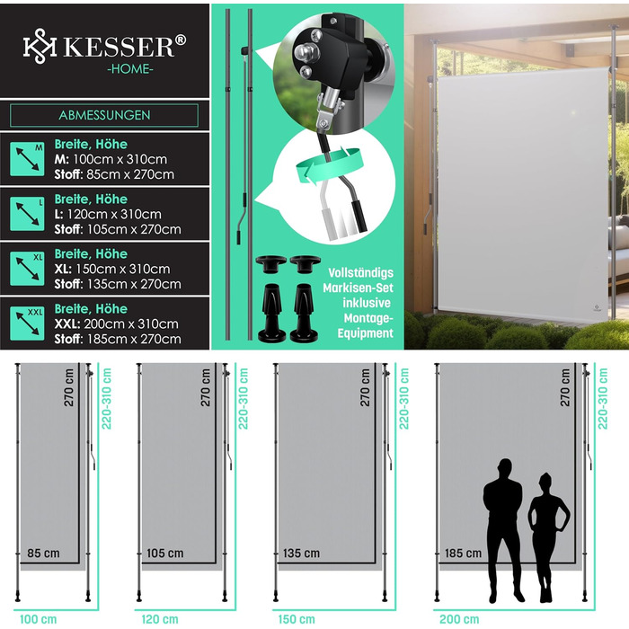 Вертикальний тент KESSER із затискачем 200x310 см, розсувний та непрозорий, з ручним приводом, не потребує свердління, екран для балкону та вітрозахисний екран для саду та тераси, водонепроникний, сірий, 200x310 см, сірий