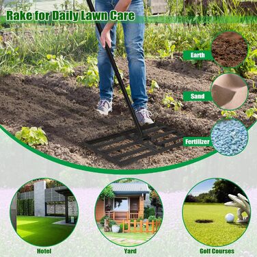 Регульована граблі-рівняч для газону з нержавіючої сталі та ергономічною ручкою. Ідеально підходить для вирівнювання газонів, розпушування ґрунту, піску та догляду за садом, двором, гольф-полем (50 x 25 см, Чорний). Розмір 50x25 см, колір - Чорний.
