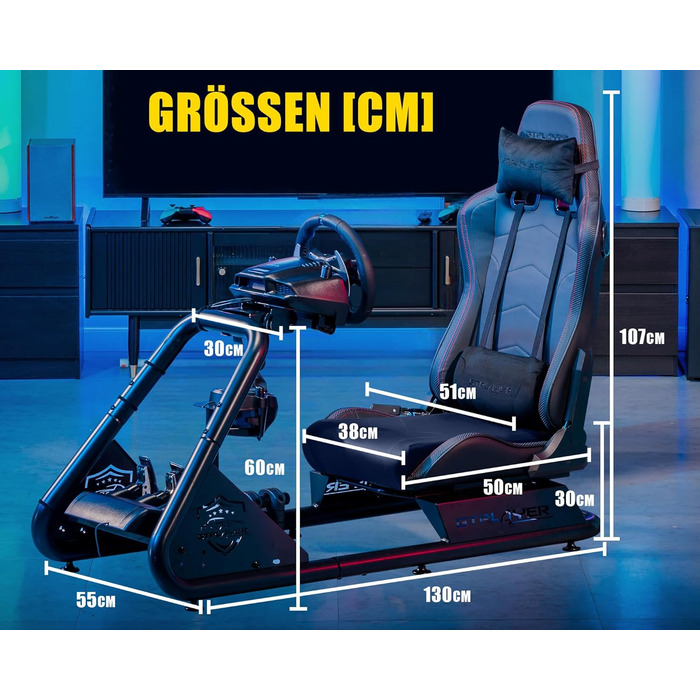 Підставка для керма для симулятора гонок з динаміками, кермом та лотком для педалей, чорний