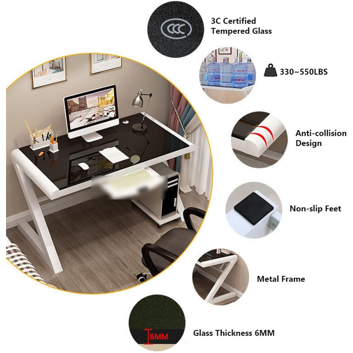 Комп&39ютерний стіл із загартованого скла з металевим каркасом у формі літери Z Сучасний ігровий стіл для домашнього офісу, студентського столу, особистого робочого простору, білий, 39 дюймів