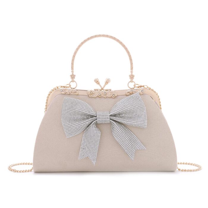 Вечірня сумочка-клатч з оксамиту з блискучою стрічкою та знімним ланцюжком. Елегантна жіноча сумочка для весіль, вечірок та вечерь, бежевого кольору.