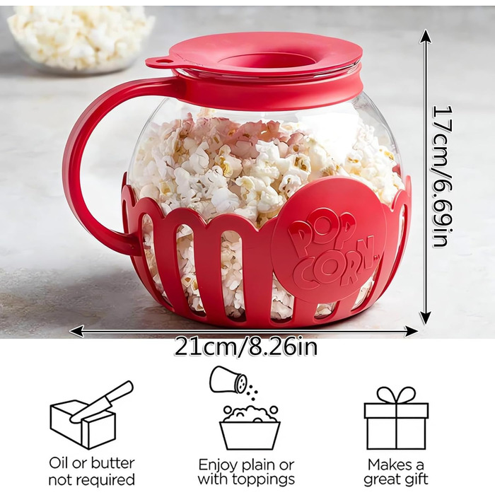 Миска для попкорну в мікрохвильовій печі, горщик для мікрохвильової печі Air Popcorn Snack, машина для приготування попкорну, скло без BPA, можна мити в посудомийній машині, кришка 3-в-1, здоровий попкорн, стійкий до високих температур