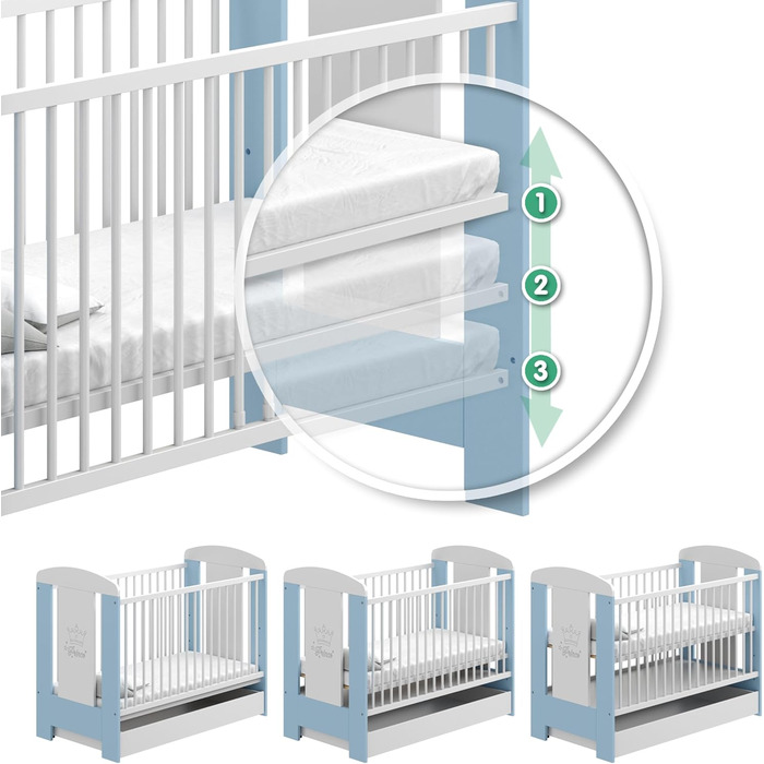 Дитяче ліжко LCP Kids 60x120 см біло-блакитне з матрацом, що регулюється по висоті в трьох напрямках, і 3 перекладинами 125L x 65W