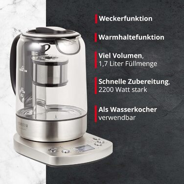 Електричний чайник з налаштуванням температури та автоматичним опусканням вставки ситечка, виготовлений зі скла з функцією збереження тепла, налаштуванням часу заварювання та світлодіодним світлом, адаптованим до сортів чаю, 170 TWE