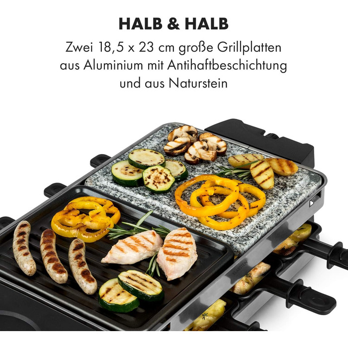 Гриль Klarstein Sirloin Raclette, 1500 Вт, 2-в-1 алюмінієва пластина для гриля та пластина з натурального каменю, нагрівальний елемент з нержавіючої сталі, регульований термостат, на 8 осіб, сковороди для раклету зі сталі