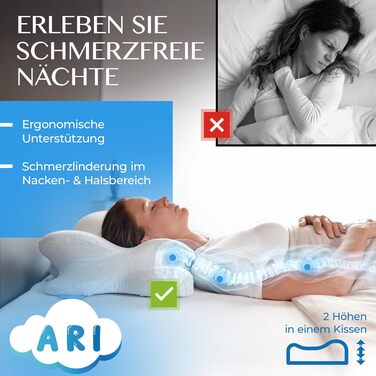 Ортопедична подушка для шиї ARI - Ергономічна подушка з чохлом з піни з ефектом пам&39яті та бавовни Для сну на животі, спині та на боці Подушка з піни з ефектом пам&39яті, включаючи сумку для перенесення та чохол