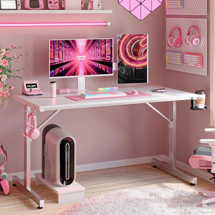 Комп&39ютерний стіл Bestier Small Gaming Desk 106,6 см зі світлодіодною підсвіткою та підставкою для монітора, ігрова робоча станція з підсклянником та гачком для гарнітури для домашнього офісу, спальні, невеликих кімнат, білого кольору