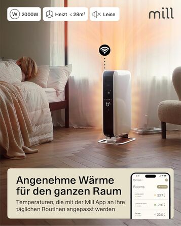 Електричний обігрівач Mill Oil Radator 2000 Вт - Розумний електричний обігрівач з WiFi та додатком, Електричний обігрівач для 24-28 м, Енергозберігаючий масляний радіатор, Тихий та безпечний електричний обігрівач, Розроблено в Норвегії - Білий 2000 Вт (24