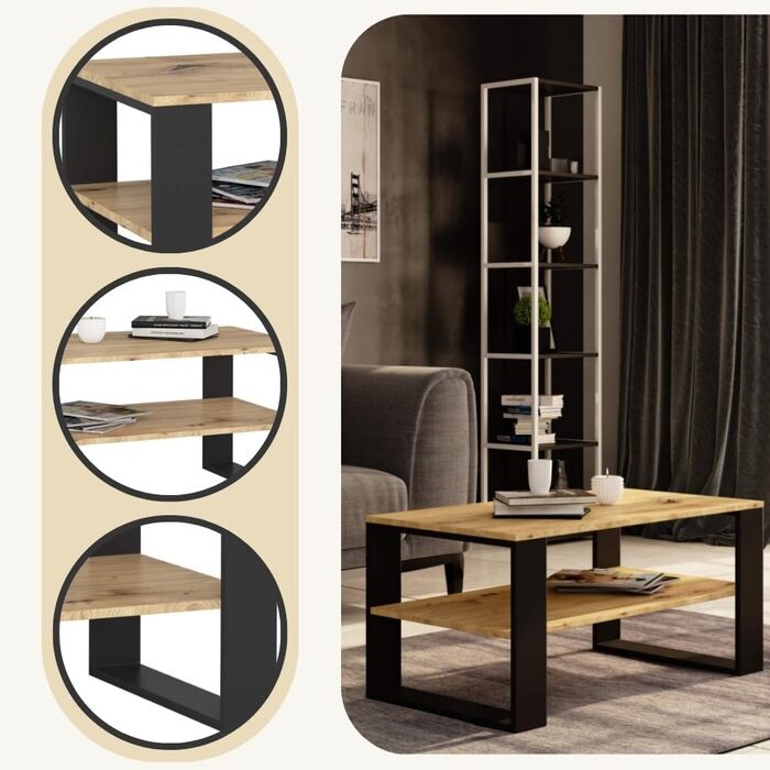 Дерев&39яний журнальний столик AKORD Alex з однією полицею, 92x45x53 см, для вітальні, спальні, шафи, мінімалістичний сучасний дизайн, ламінат 16 мм, оздоблення Artisan Oak & Black