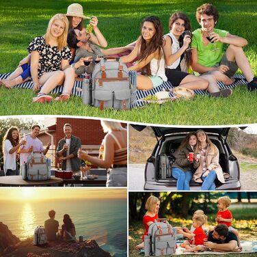 Рюкзак для пікніка на 4 особи з відділенням-холодильником та підставкою для вина, флісовою ковдрою, набором столових приборів, для кемпінгу, пляжу, одноденних поїздок, походів, аксесуарами (світло-сірий)