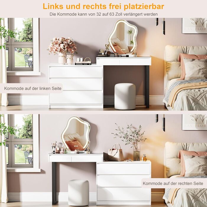 Туалетний столик з регульованим світлодіодним освітленням, туалетний столик з дзеркалом, туалетний столик з 5 шухлядами, кутовий туалетний столик, L-подібний трансформер, кутовий туалетний столик зі скляною стільницею, білий стиль А