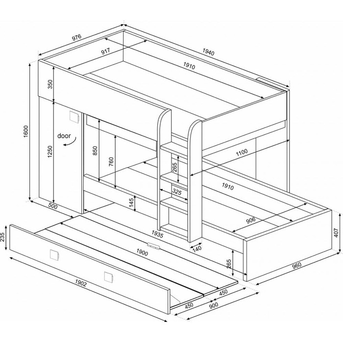 Двох'ярусне ліжко для двох дітей з висувним ліжком і шафою Колір білий потертий і античний рожевий