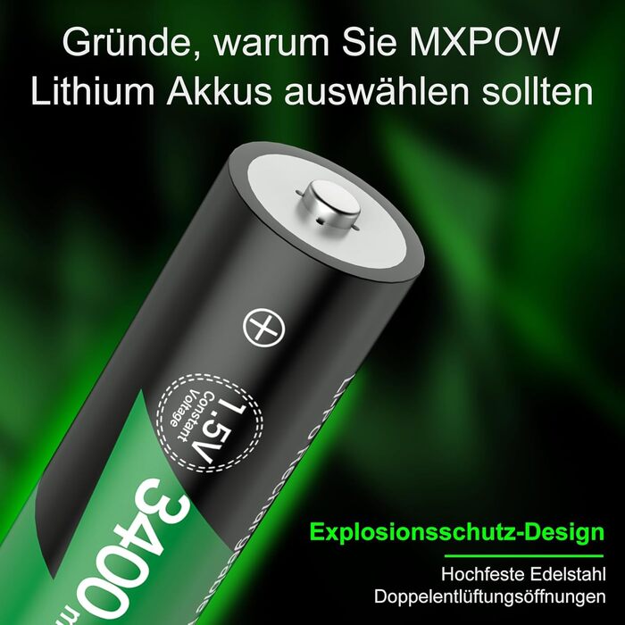 Літієві батарейки типу АА, 8 шт. , із зарядним пристроєм, акумуляторні батарейки високої ємності 1,5 В 3400 мВтгод, 1500 циклів розрядки/зарядки, зарядний пристрій із РК-дисплеєм