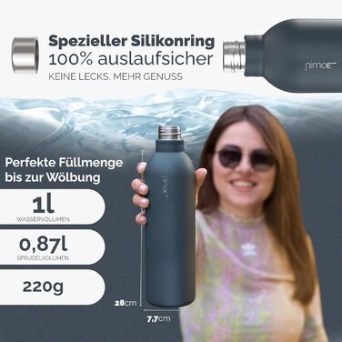 Сумісний з Sodastream DUO, E-DUO Пляшка з нержавіючої сталі об'ємом 1 л з порошковим покриттям Металева пляшка, яку можна мити в посудомийній машині для подорожей 100 герметичне деревне вугілля