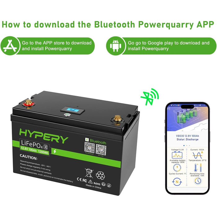 Розумний акумулятор 12V 100Ah LiFePO4 з Bluetooth, світлодіодним дисплеєм, вимикачем запуску та BMS, ідеальний літієвий акумулятор для автофургонів, гольф-карів, човнів та домашніх накопичувачів енергії. Розумний 12V 100AH Bluetooth