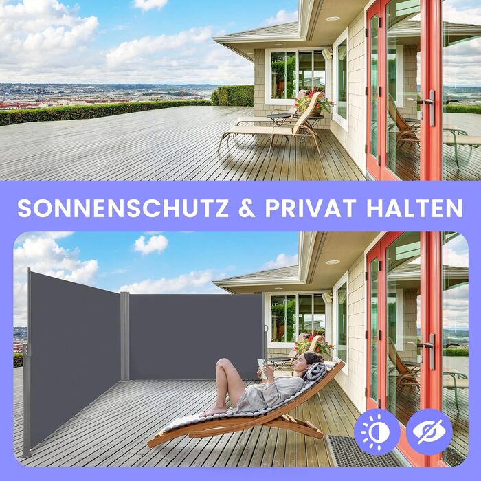 Розсувна двостороння бічна маркіза, створює приватність на вулиці, до 6 м, функція автоматичного згортання, захист від сонця та вітру, бічна шторка як екран для забезпечення конфіденційності (антрацит, висота 1,53 м, антрацит 160 см)