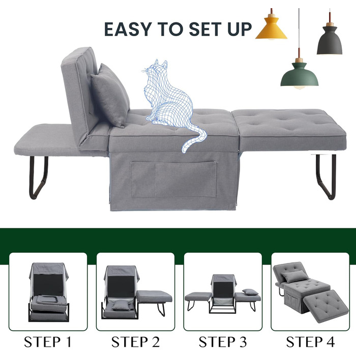 Крісло FLEXISPOT Крісло для вітальні з пуфом для ніг Розкладне крісло-ліжко з функцією ліжка Розкладне крісло-ліжко Вантажопідйомність до 300 кг, сірий, 72 * 69 * 35 см темно-сірий