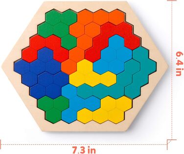 Coogam Wooden Hexagon Puzzle - Shape Block Tangram Brain Teaser Toy Geometry Logic IQ Game STEM Montessori Education Gift for All