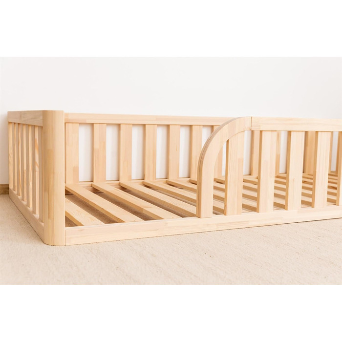 Ліжко Монтессорі, підлогове ліжко з рейковою основою, ліжко з захисними поручнями, дитяче ліжко, дерев&39яне ліжко з каркасом для хлопчиків та дівчаток, 200x120 см, натуральне дерево 200x120 см натуральне дерево - отвір для ліжка ліворуч
