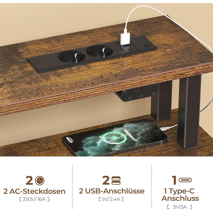 Комп&39ютерний стіл Seventable з розетками та світлодіодним освітленням, ігровий стіл 120 см з 5 шухлядами, ігровий стіл з підставкою для монітора, для офісу, кабінету, спальні, вітальні, вінтажний коричневий, 120 см