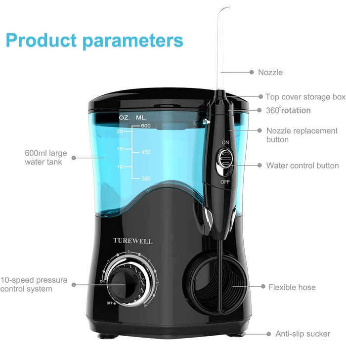 Електричний іригатор для ротової порожнини, професійний з 10 рівнями регулювання тиску води, резервуаром на 600 мл та 8 багатофункціональними насадками (Чорний)