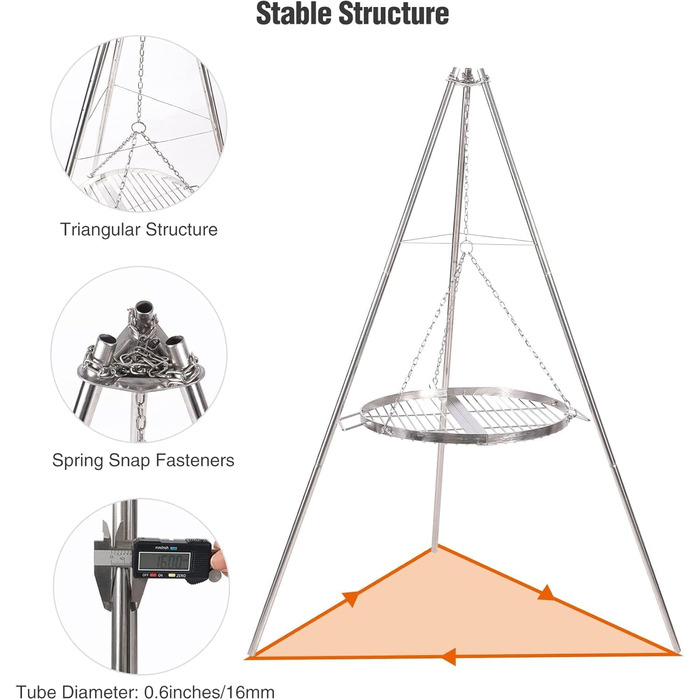 Поворотний гриль REDCAMP з решіткою для гриля, включаючи ланцюги, регульована висота, поворотний гриль для кемпінгу з нержавіючої сталі з круглою решіткою для гриля та сумкою для перенесення для барбекю на свіжому повітрі, сріблястий