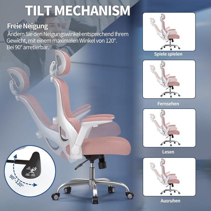 Ергономічне офісне крісло TRALT - Ігрове крісло з регульованим підголівником та поперековою опорою - Офісне крісло для дому - Комп&39ютерне крісло для високих людей - Сітчасте крісло, вантажопідйомність 150 кг, рожеве