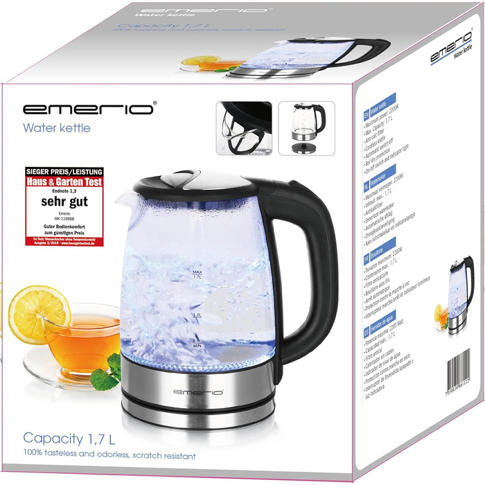 Скляний чайник EMERIO ємністю 1,7 л 2200 Вт синє світлодіодне внутрішнє освітлення підставка на 360 Переможець тесту Ціна/якість д