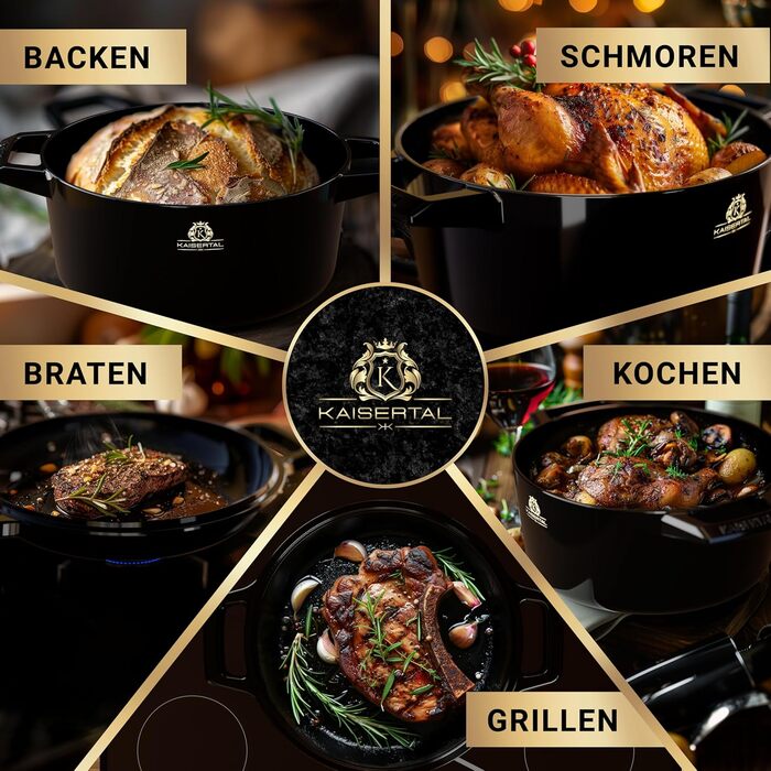 Чавунна каструля KAISERTAL - емальована каструля 26 см з кришкою 4,8 л та чавунна каструля 1,8 л - чавунна жаровня з кришкою індук