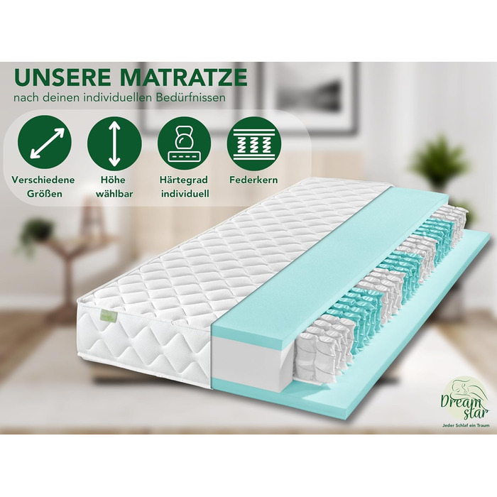 Матрац DREAMSTAR Ergo Flex Duo з пружинами Pocket Spring 90x200 см Ергономічний 7-зонний матрац Сертифіковано Oeko-Tex Рівні жорсткості H2 (0-80 кг) та H3 (80-100 кг) Гіпоалергенний та антибактеріальний Висота 17 см 90 x 200 см