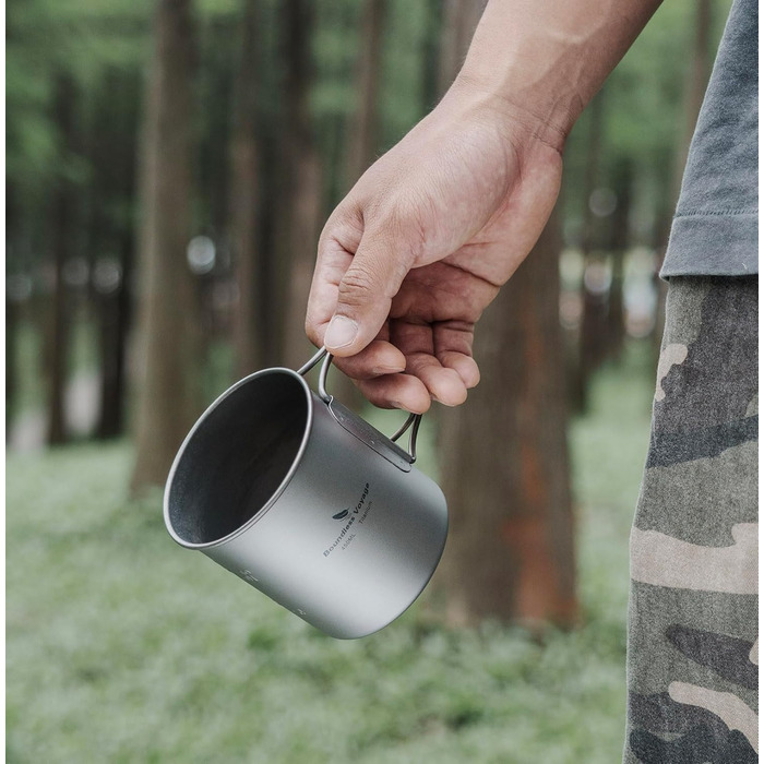 Титанова кружка Boundless Voyage 450 мл з кришкою, складна ручка, для кемпінгу на природі, надлегка, для води, чаю, кави