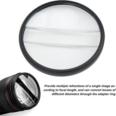 Подвійний скляний роздільний діоптрійний фільтр, 77-мм розділений діоптрійний призматичний фільтр камери Подвійний скляний розділений діоптрійний фільтр для обєктива Розмиття центрального фільтра масштабування, для дзеркальних фотоапаратів на відкритому п