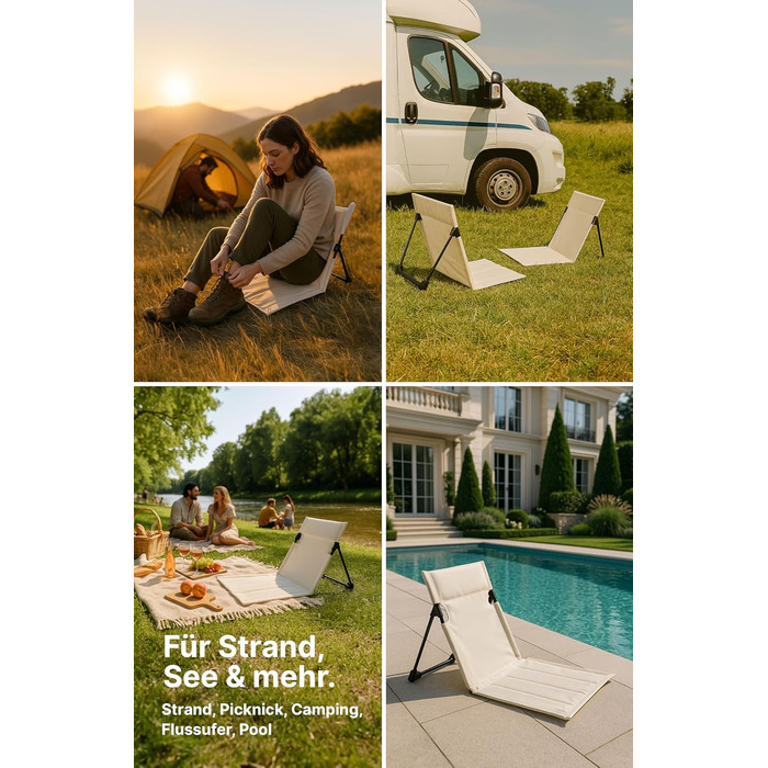 Пляжний набір Menz, 2 шт. пляжний килимок зі спинкою, портативний підлоговий стілець, легкий складний пляжний шезлонг, складний пляжний килимок із сумкою, для кемпінгу та пікніків, бежевий