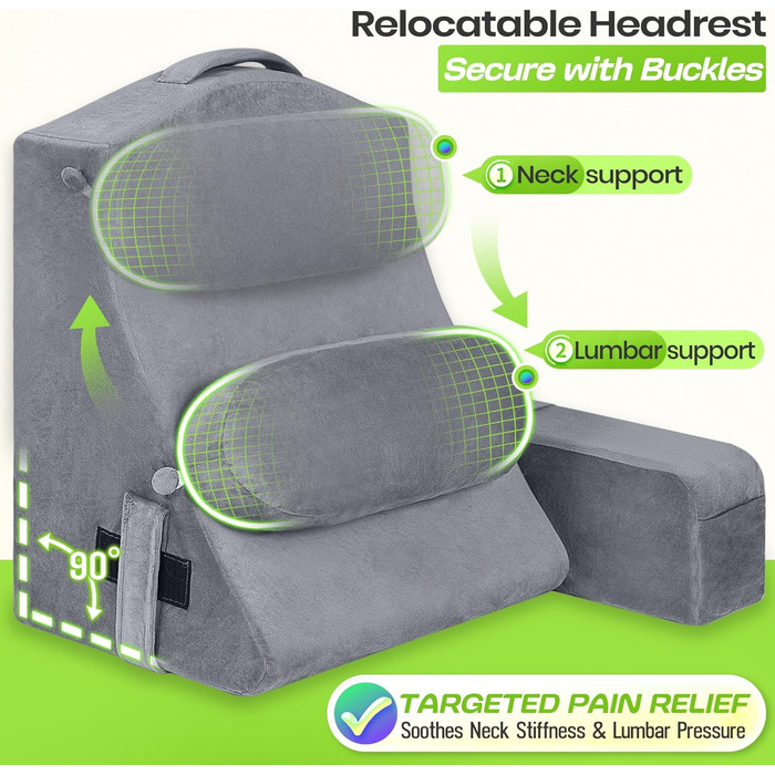 Подушка для читання для дорослих - спинка ліжка зі знімними підлокітниками, підсклянником та підсклянником для телефону - спинка подушки для комфортного сидіння в ліжку (СІРА, 53 см) Сіра 53 см